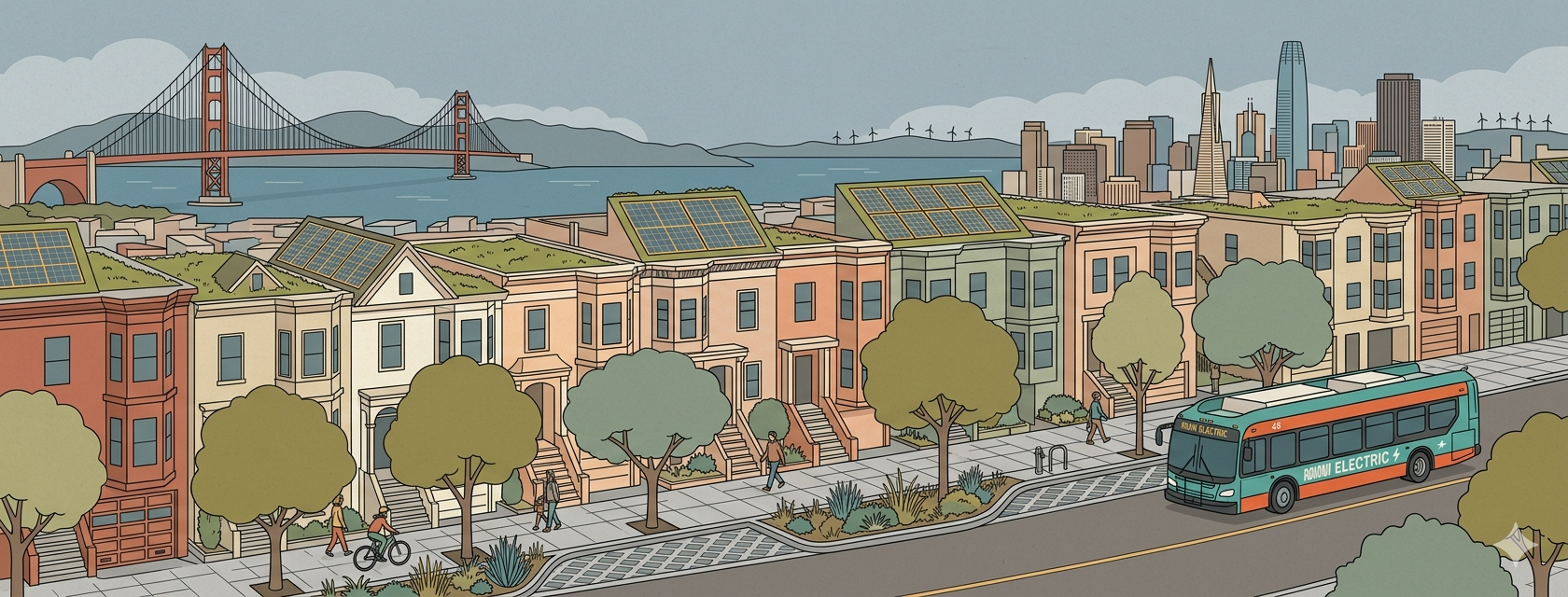 Illustrated San Francisco street scene with solar panels, electric bus, and Golden Gate Bridge